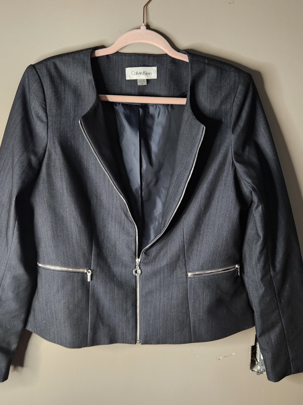 Calvin Klein Women's Dark Blue Zip-Front Blazer Lined Ptp 20" Length 23" Size 12